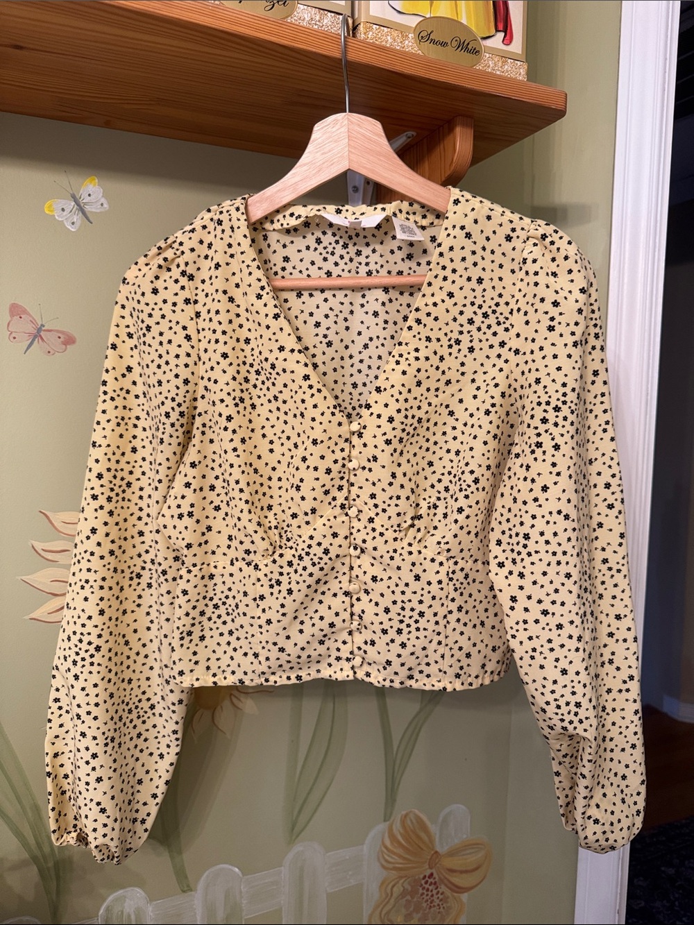 Yellow with Black Floral Detail Button-Front Blouse
